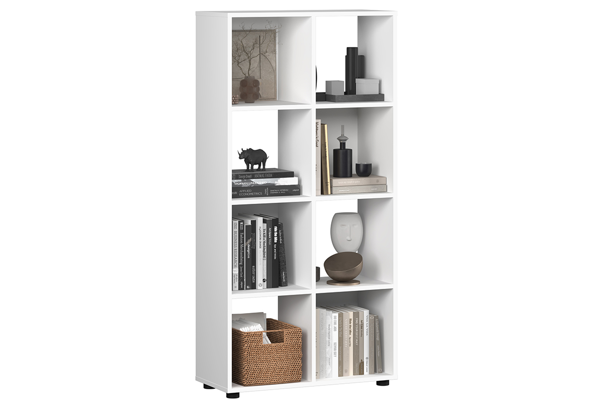 Απεικονίζεται η βιβλιοθήκη γεμάτη με κουτιά αποθήκευσης, βιβλία και διακοσμητικά.